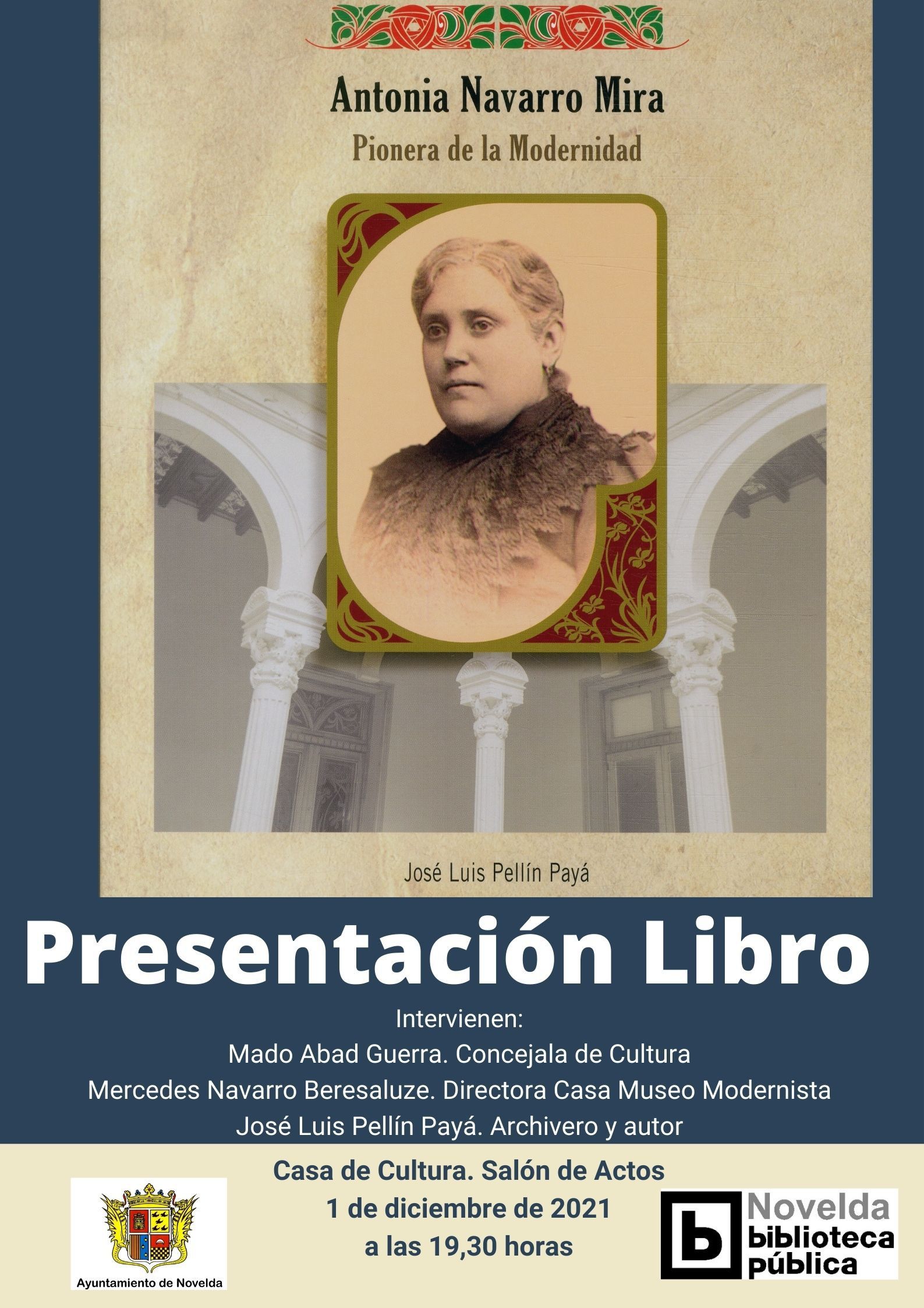 Ayuntamiento de Novelda Cartel-ok Presentación del libro "Antonia Navarro Mira, pionera de la modernidad" 