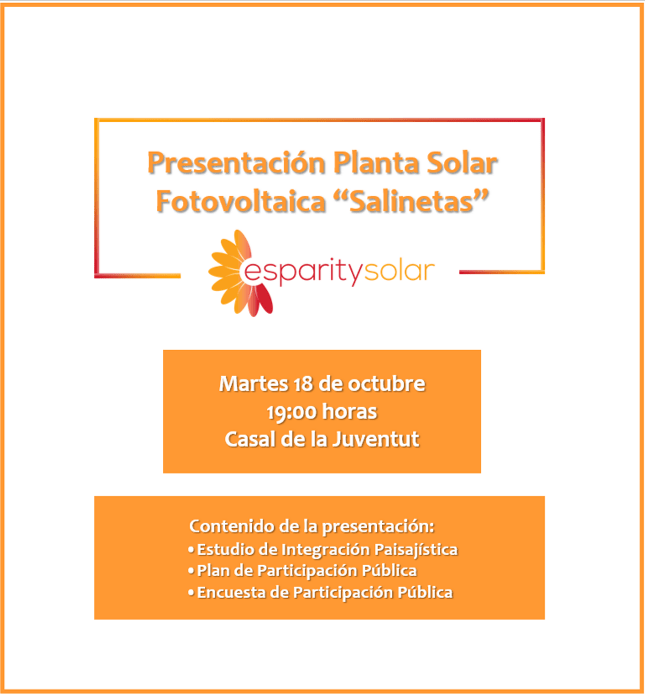 Ayuntamiento de Novelda Cartel-Salinetas El Casal de la Juventud acoge la presentación de la Planta Solar Fotovoltaica  “Salinetas” 